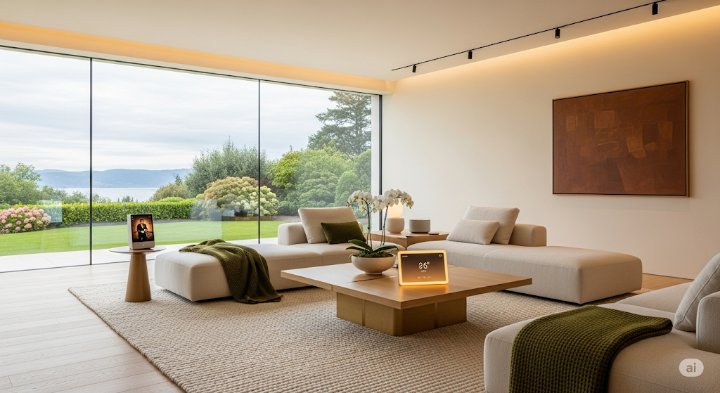 Modern luxury living room with a minimalist design and smart home technology from Merqis.